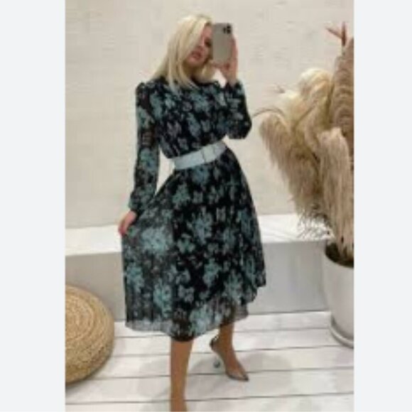 Zara Floral Maxi Pleated Long Sleeve Dress Blue Black M - Picture 1 of 15